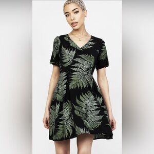 Disturbia | euc US 6 | Black linen-like mini Dress with Green Fern Design